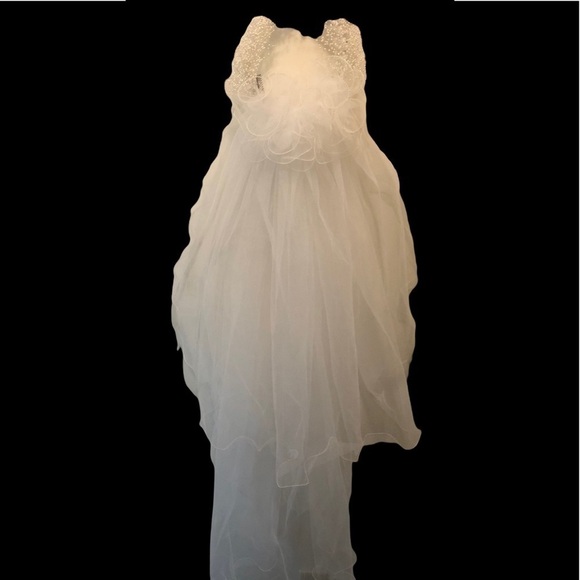 Vintage Wedding Veil Mid Length Tulle Tiny White Seed Pearls Headband 41” Ornate - Picture 8 of 8